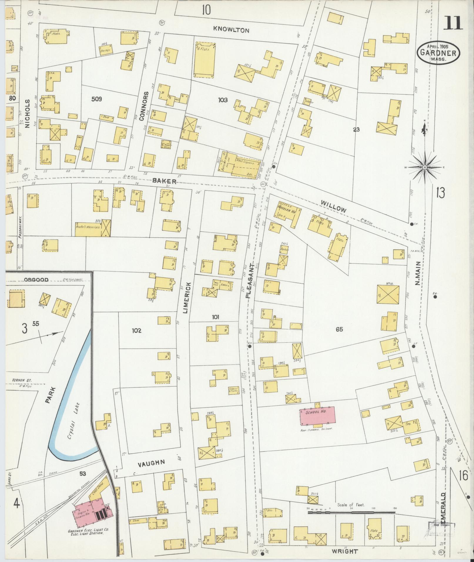 Sanborn Fire Insurance Map from Gardner, Worcester County, Massachusetts (1905), Sheet #0011 - Historic Sanborn Fire Insurance Map Print, vintage old map wall art, antique decor, genealogy gift, Massachusetts Massachusetts map