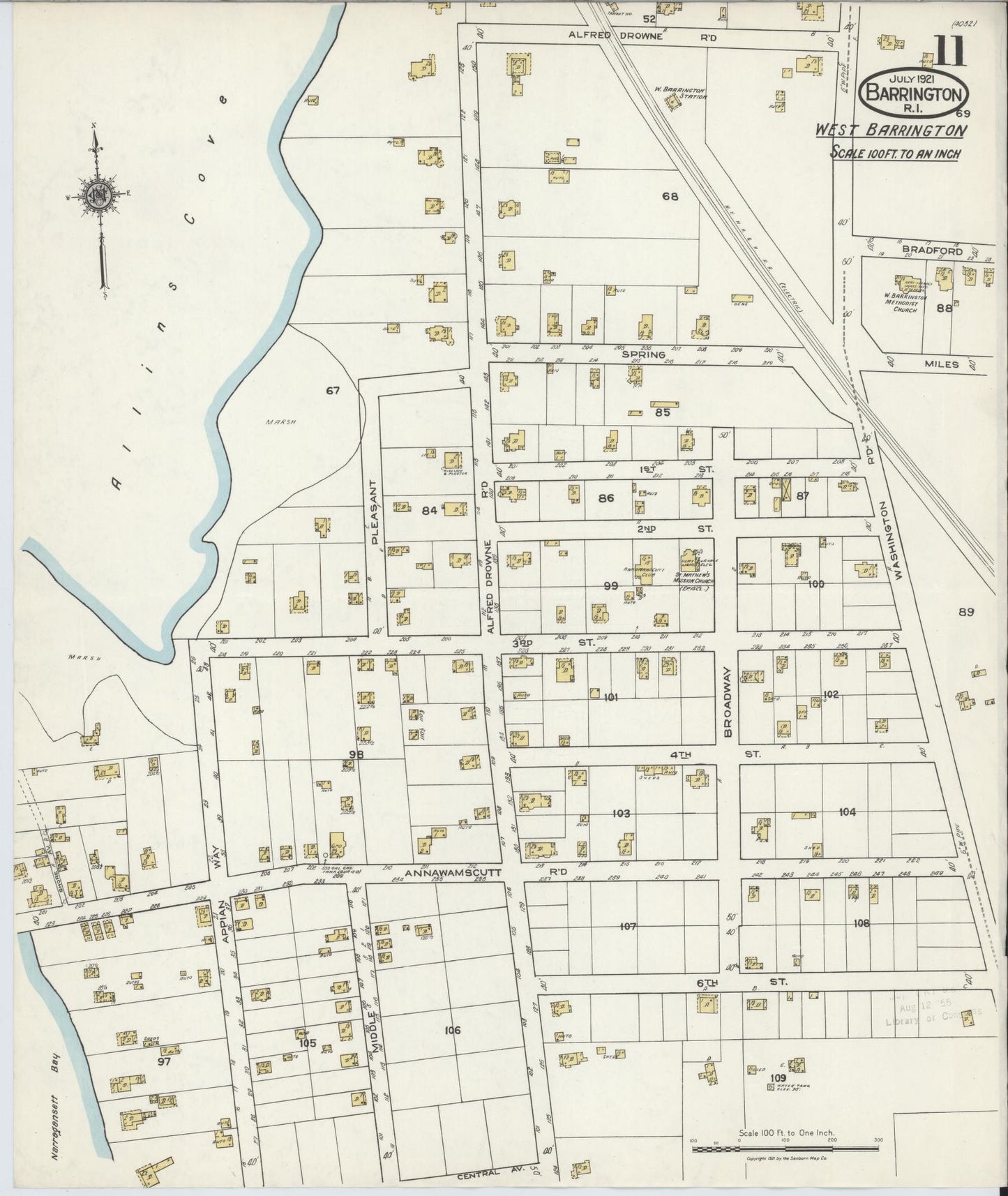 Sanborn Fire Insurance Map from Barrington, Bristol County, Rhode Island (1921), Sheet #0011 - Complete Map Set gallery image, historic Sanborn map, vintage wall art, Rhode Island Rhode Island