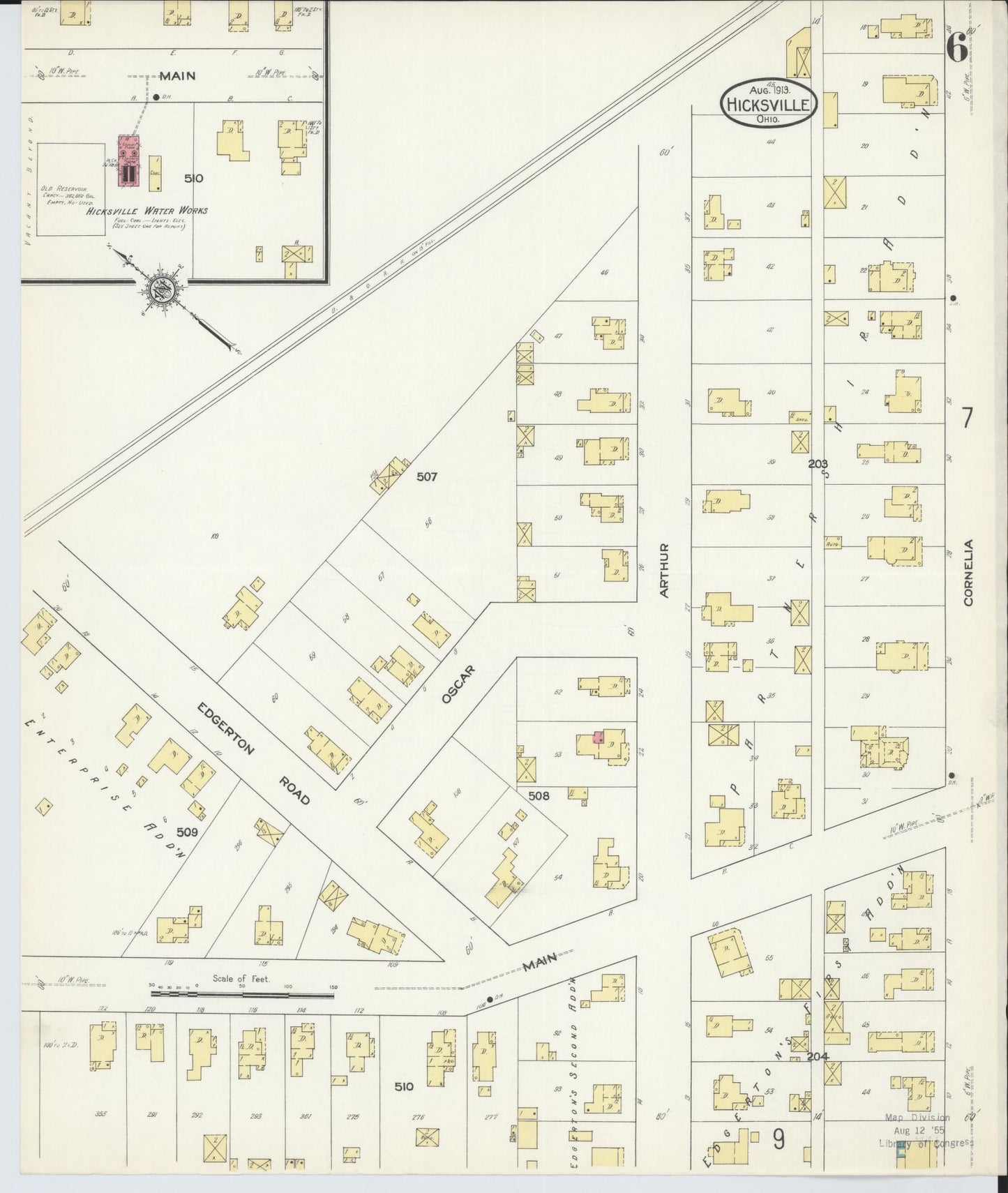 Sanborn Fire Insurance Map from Hicksville, Defiance County, Ohio (1913), Sheet #0006 - Historic Sanborn Fire Insurance Map Print, vintage old map wall art, antique decor, genealogy gift, Ohio Ohio map