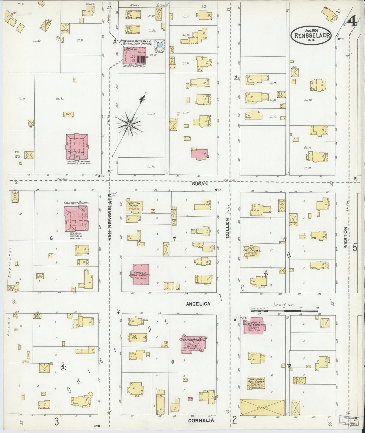 Sanborn Fire Insurance Map from Rensselaer, Jasper County, Indiana (1904), Sheet #0004 - Historic Sanborn Fire Insurance Map Print, vintage old map wall art, antique decor, genealogy gift, Indiana Indiana map