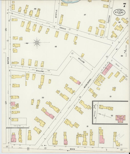 Sanborn Fire Insurance Map from Keene, Cheshire County, New Hampshire (1897), Sheet #0007 - Historic Sanborn Fire Insurance Map Print, vintage old map wall art, antique decor, genealogy gift, New Hampshire New Hampshire map