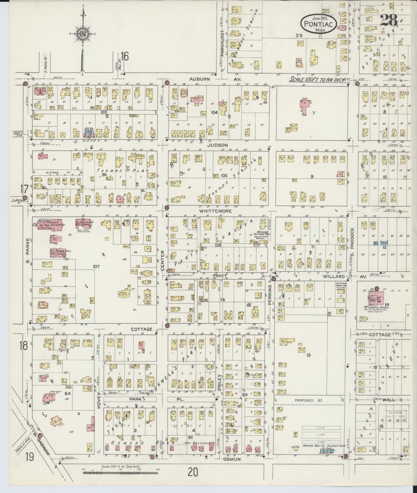 Sanborn Fire Insurance Map from Pontiac, Oakland County, Michigan (1915), Sheet #0028 - Complete Map Set gallery image, historic Sanborn map, vintage wall art, Michigan Michigan