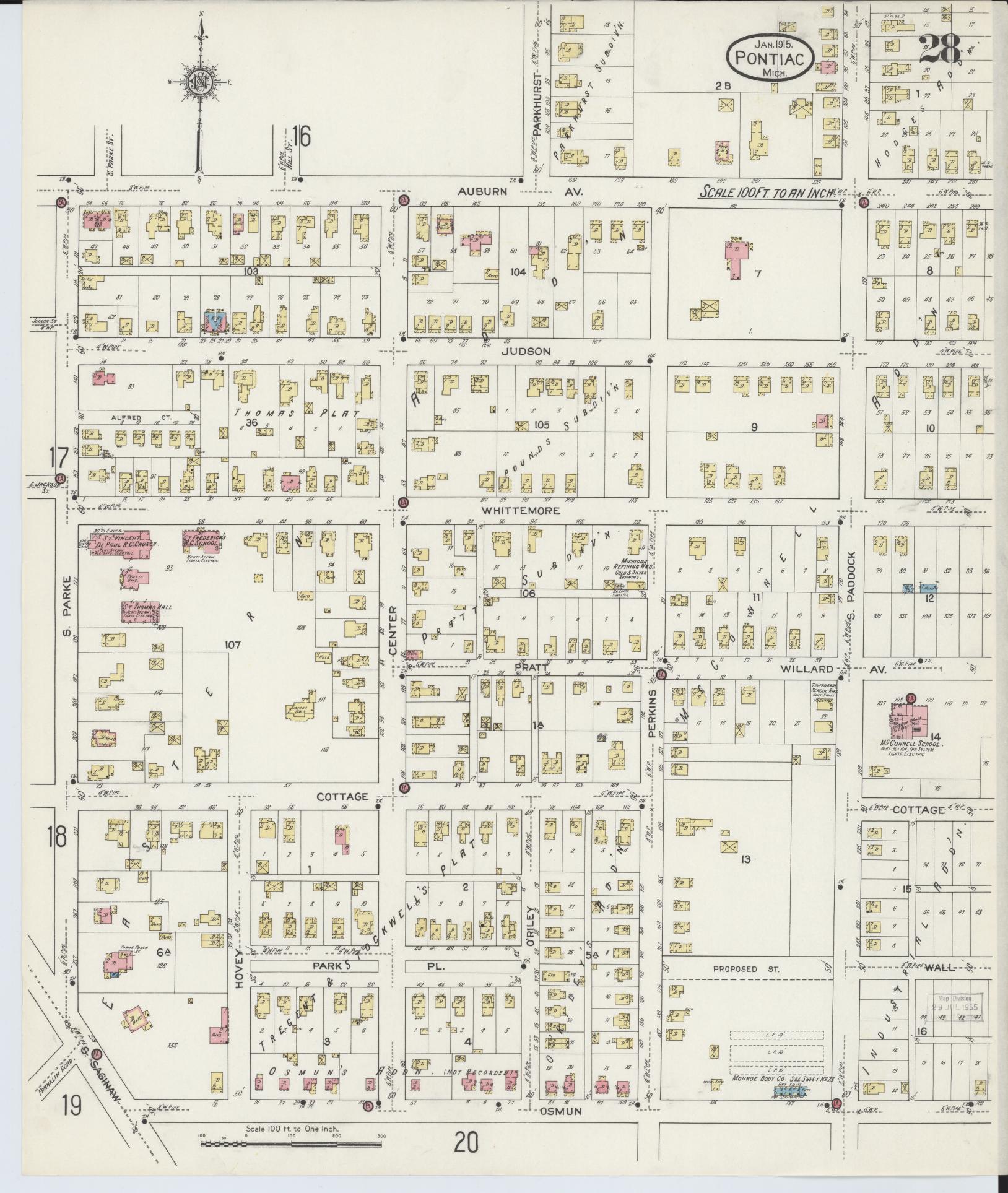 Sanborn Fire Insurance Map from Pontiac, Oakland County, Michigan (1915), Sheet #0028 - Complete Map Set gallery image, historic Sanborn map, vintage wall art, Michigan Michigan
