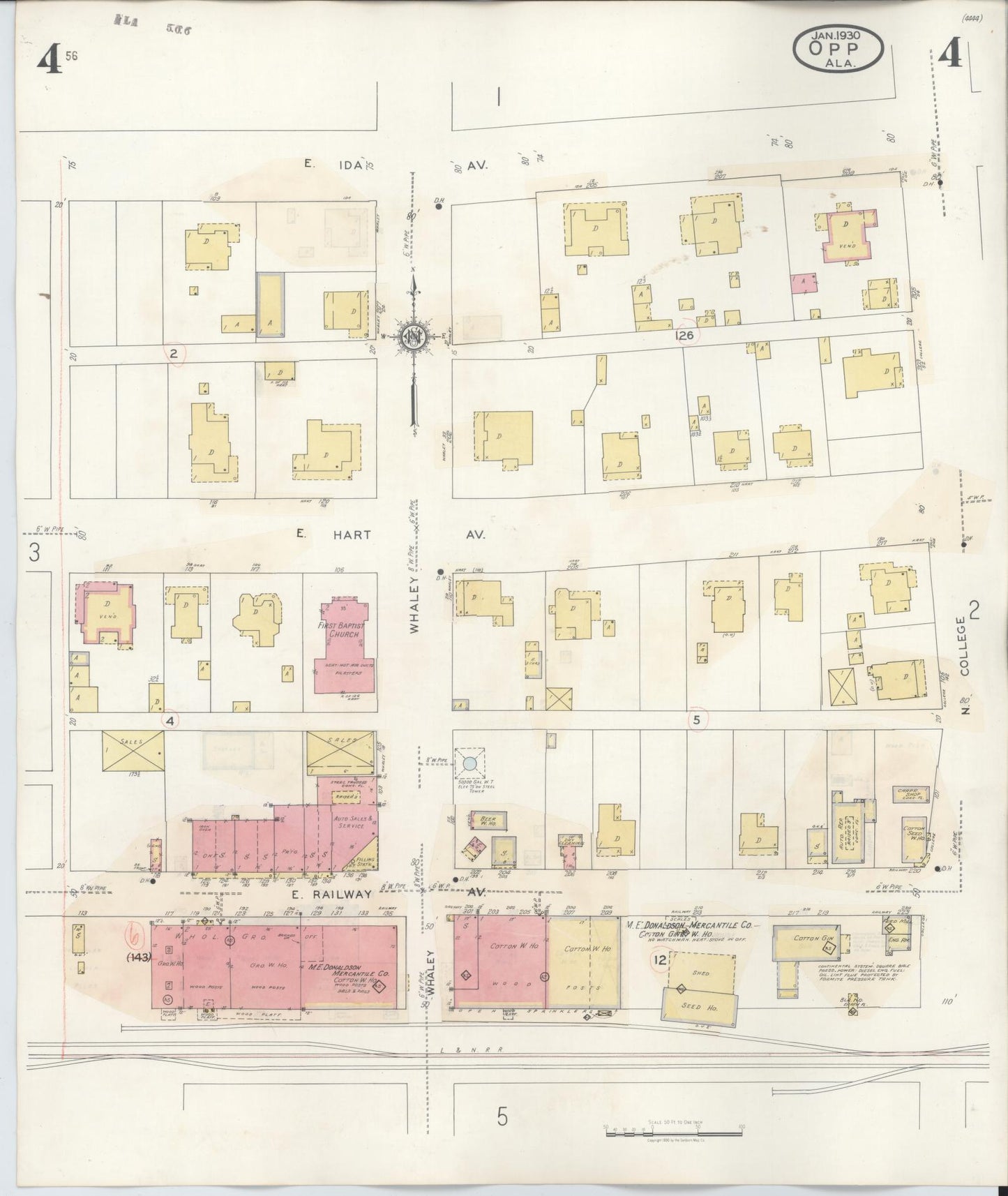 Sanborn Fire Insurance Map from Opp, Covington County, Alabama (1943), Sheet #0004 - Historic Sanborn Fire Insurance Map Print, vintage old map wall art, antique decor, genealogy gift, Alabama Alabama map