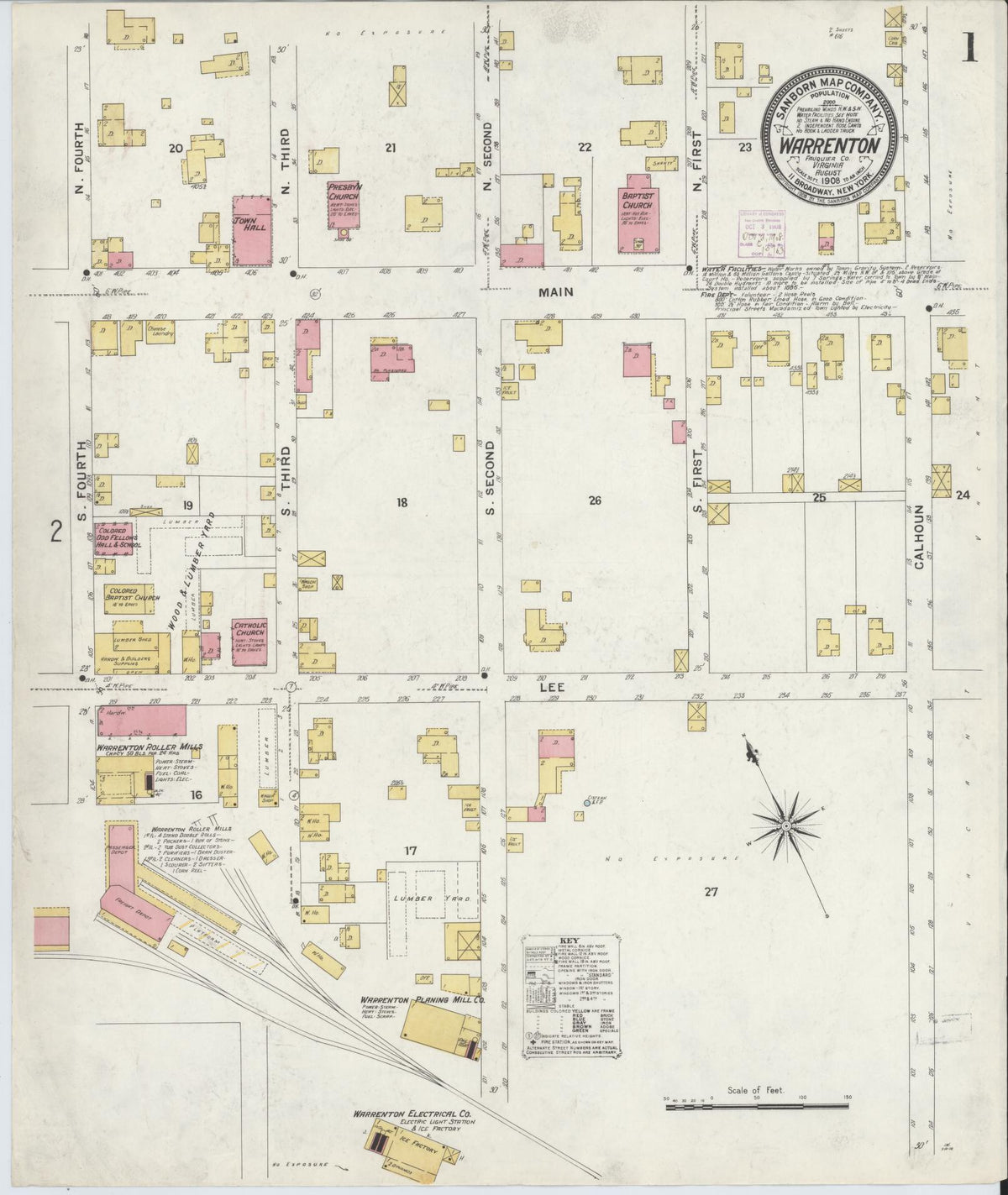 Sanborn Fire Insurance Map from Warrenton, Fauquier County, Virginia (1908), Sheet #0001 - Historic Sanborn Fire Insurance Map Print, vintage old map wall art, antique decor, genealogy gift, Virginia Virginia map