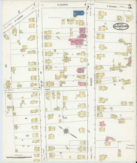 Sanborn Fire Insurance Map from Moorestown, Burlington County, New Jersey (1917), Sheet #0005 - Historic Sanborn Fire Insurance Map Print, vintage old map wall art, antique decor, genealogy gift, New Jersey New Jersey map