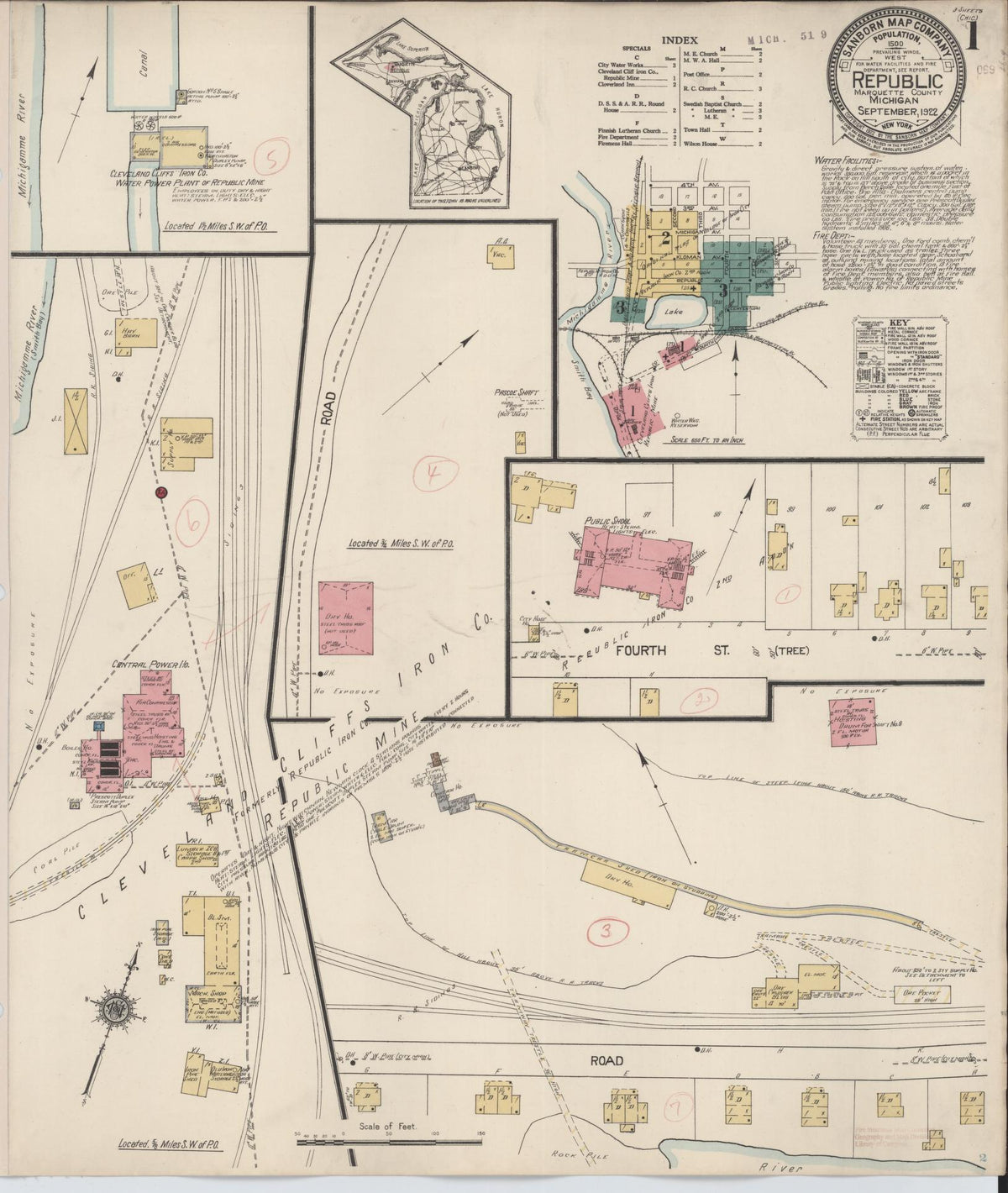 Sanborn Fire Insurance Map from Republic, Marquette County, Michigan (1922), Sheet #0001 - Historic Sanborn Fire Insurance Map Print, vintage old map wall art, antique decor, genealogy gift, Michigan Michigan map