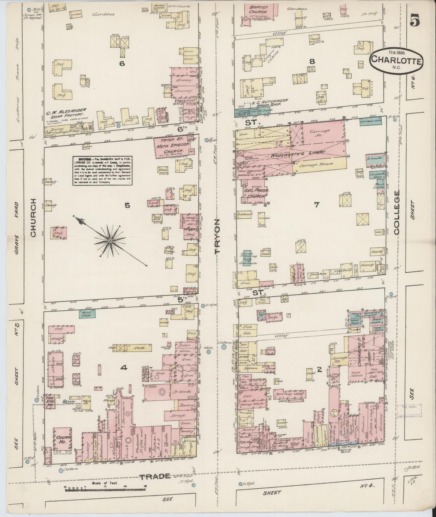Sanborn Fire Insurance Map from Charlotte, Mecklenburg County, North Carolina (1885), Sheet #0005 - Historic Sanborn Fire Insurance Map Print, vintage old map wall art, antique decor, genealogy gift, North Carolina North Carolina map