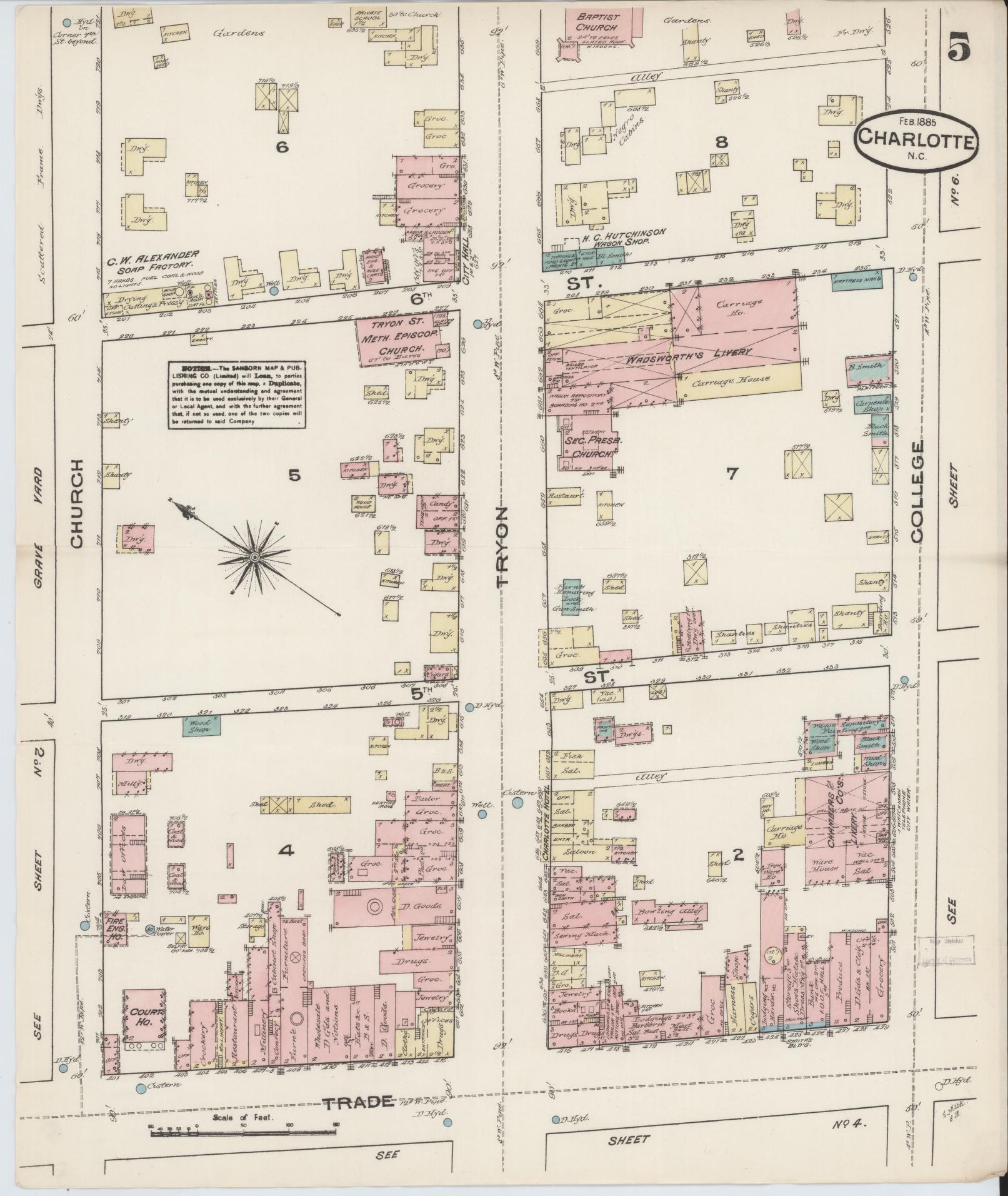 Sanborn Fire Insurance Map from Charlotte, Mecklenburg County, North Carolina (1885), Sheet #0005 - Historic Sanborn Fire Insurance Map Print, vintage old map wall art, antique decor, genealogy gift, North Carolina North Carolina map