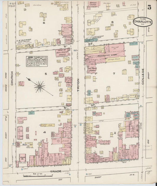 Sanborn Fire Insurance Map from Charlotte, Mecklenburg County, North Carolina (1885), Sheet #0005 - Historic Sanborn Fire Insurance Map Print, vintage old map wall art, antique decor, genealogy gift, North Carolina North Carolina map