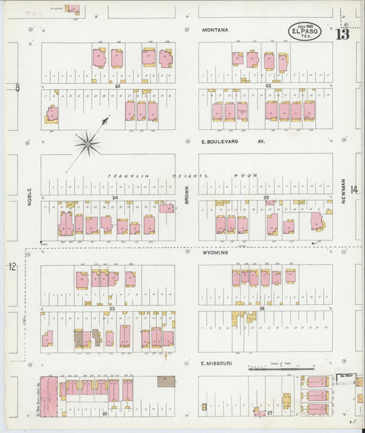 Sanborn Fire Insurance Map from El Paso, El Paso County, Texas (1905), Sheet #0013 - Historic Sanborn Fire Insurance Map Print, vintage old map wall art, antique decor, genealogy gift, Texas Texas map