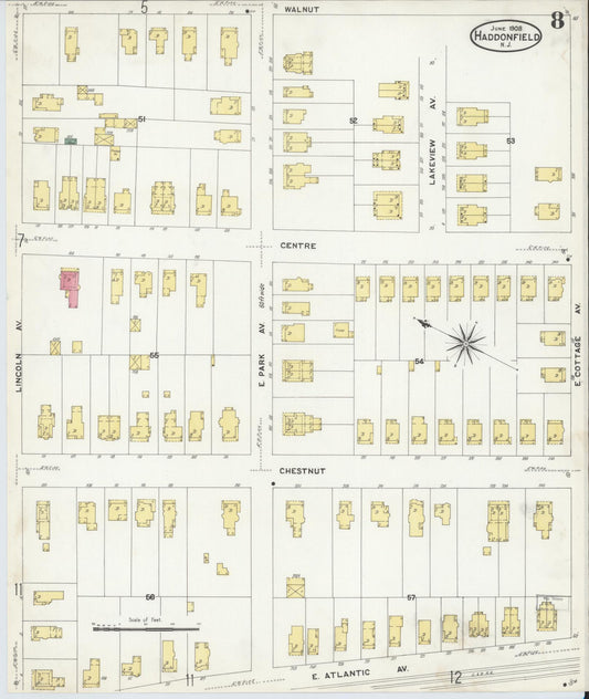 Sanborn Fire Insurance Map from Haddonfield, Camden County, New Jersey (1908), Sheet #0008 - Historic Sanborn Fire Insurance Map Print, vintage old map wall art, antique decor, genealogy gift, New Jersey New Jersey map