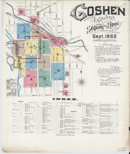 Sanborn Fire Insurance Map from Goshen, Elkhart County, Indiana (1892), Sheet #0001 - Historic Sanborn Fire Insurance Map Print, vintage old map wall art, antique decor, genealogy gift, Indiana Indiana map
