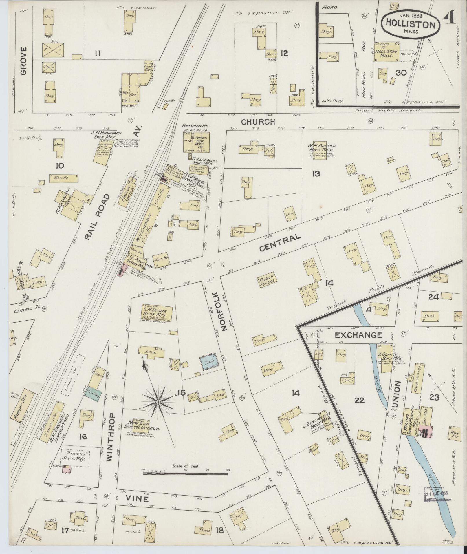 Sanborn Fire Insurance Map from Holliston, Middlesex County, Massachusetts (1888), Sheet #0004 - Historic Sanborn Fire Insurance Map Print, vintage old map wall art, antique decor, genealogy gift, Massachusetts Massachusetts map