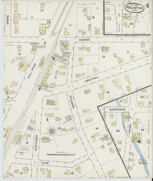Sanborn Fire Insurance Map from Holliston, Middlesex County, Massachusetts (1888), Sheet #0004 - Historic Sanborn Fire Insurance Map Print, vintage old map wall art, antique decor, genealogy gift, Massachusetts Massachusetts map