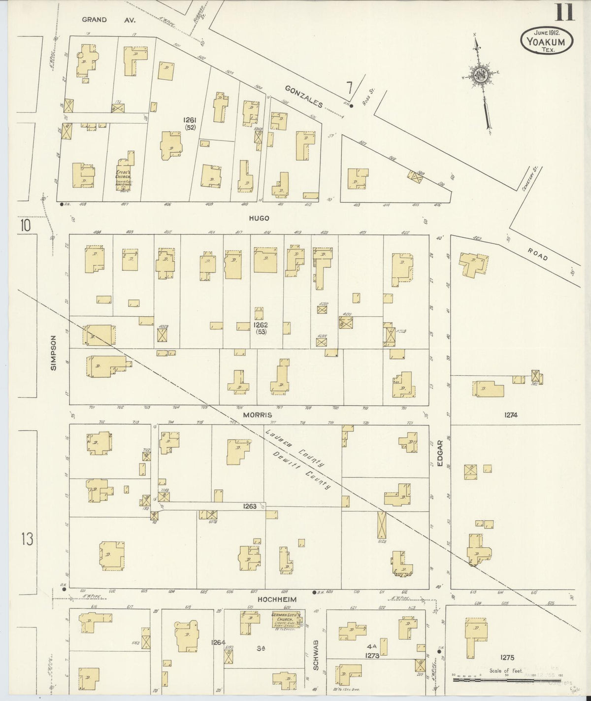 Sanborn Fire Insurance Map from Yoakum, De Witt And Lavaca Counties, Texas (1912), Sheet #0011 - Complete Map Set gallery image, historic Sanborn map, vintage wall art, Texas Texas