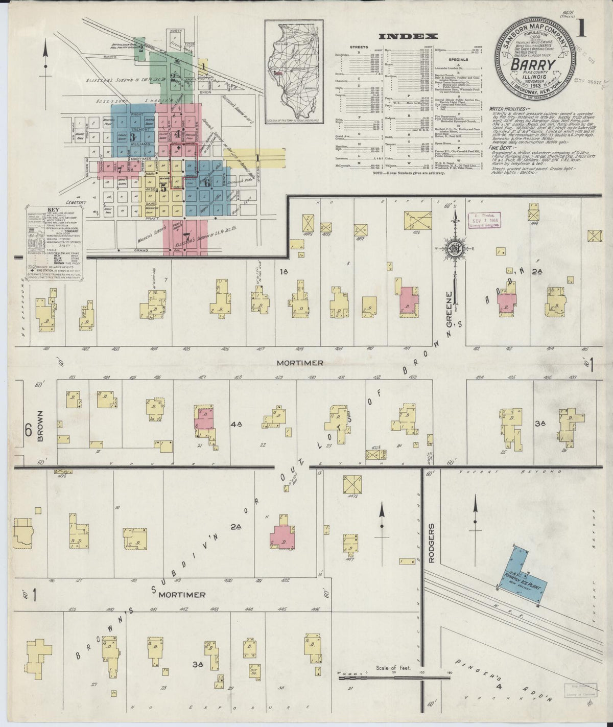 Sanborn Fire Insurance Map from Barry, Pike County, Illinois (1913), Sheet #0001 - Historic Sanborn Fire Insurance Map Print, vintage old map wall art, antique decor, genealogy gift, Illinois Illinois map