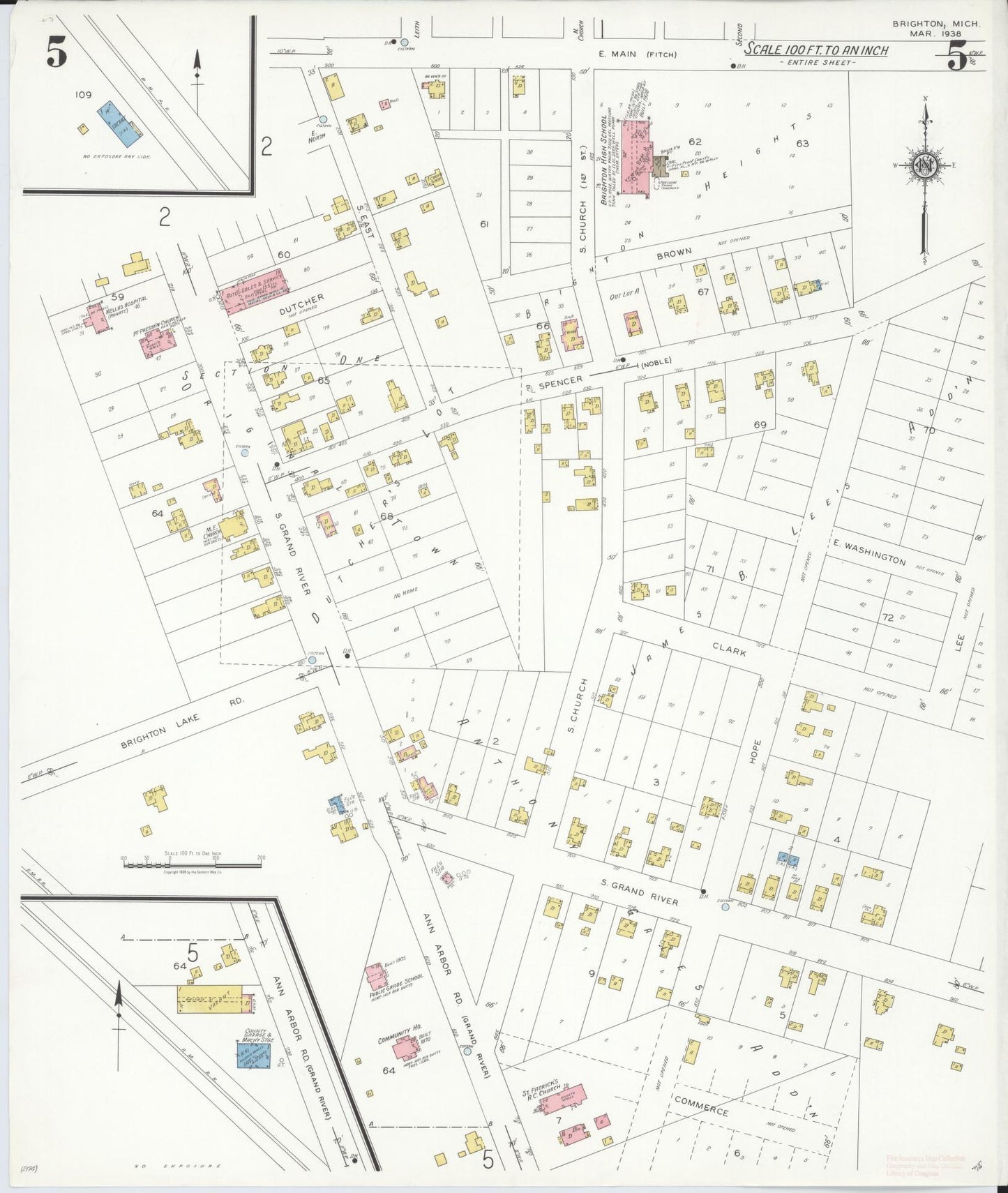 Sanborn Fire Insurance Map from Brighton, Livington County, Michigan (1938), Sheet #0005 - Historic Sanborn Fire Insurance Map Print, vintage old map wall art, antique decor, genealogy gift, Michigan Michigan map