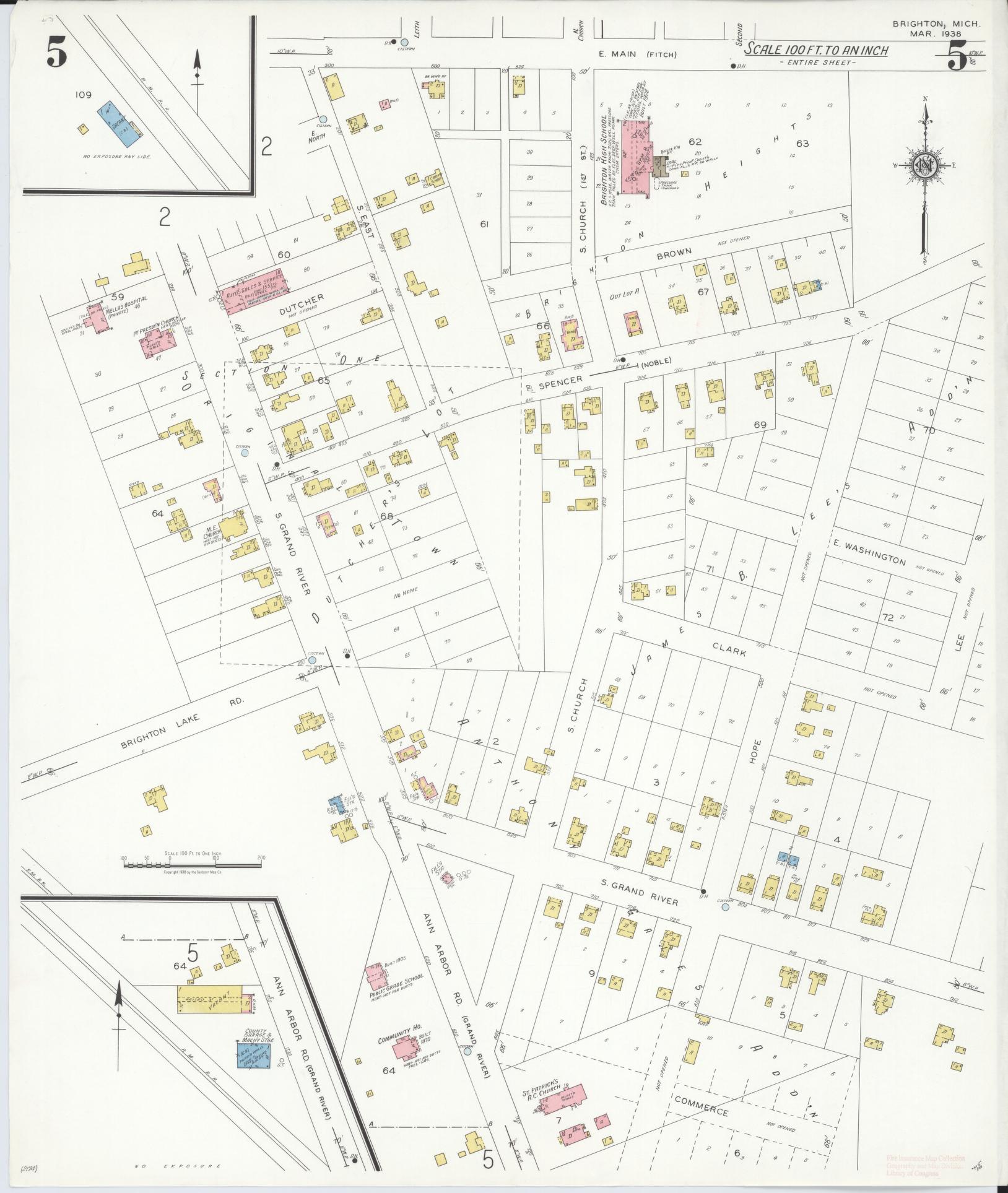 Sanborn Fire Insurance Map from Brighton, Livington County, Michigan (1938), Sheet #0005 - Historic Sanborn Fire Insurance Map Print, vintage old map wall art, antique decor, genealogy gift, Michigan Michigan map