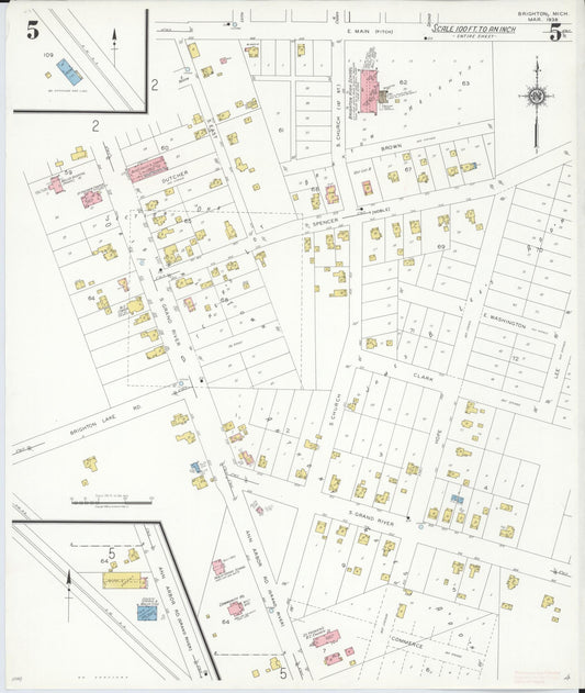 Sanborn Fire Insurance Map from Brighton, Livington County, Michigan (1938), Sheet #0005 - Historic Sanborn Fire Insurance Map Print, vintage old map wall art, antique decor, genealogy gift, Michigan Michigan map