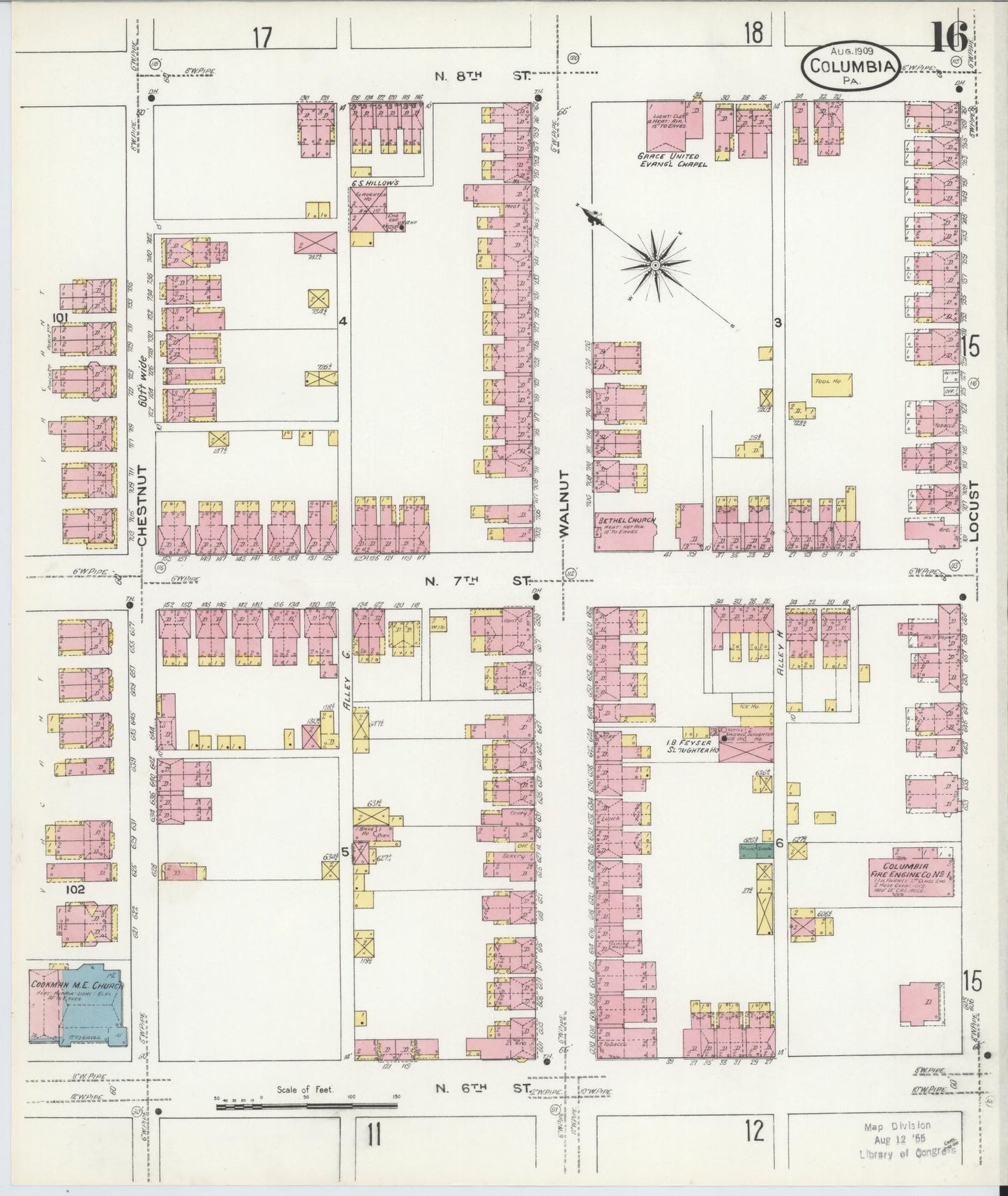 Sanborn Fire Insurance Map from Columbia, Lancaster County, Pennsylvania (1909), Sheet #0016 - Historic Sanborn Fire Insurance Map Print, vintage old map wall art, antique decor, genealogy gift, Pennsylvania Pennsylvania map