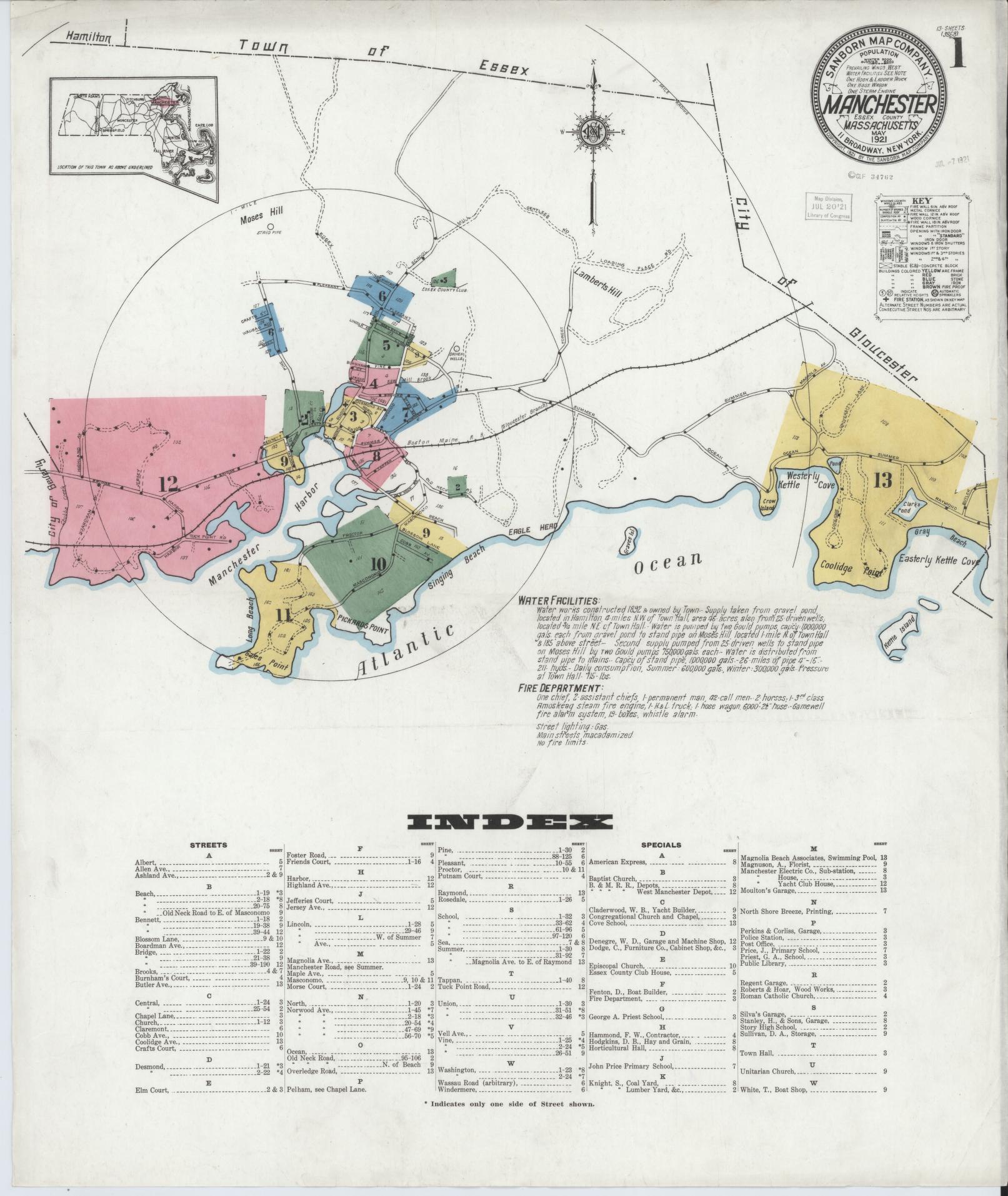 Sanborn Fire Insurance Map from Manchester, Essex County, Massachusetts (1921), Sheet #0001 - Historic Sanborn Fire Insurance Map Print, vintage old map wall art, antique decor, genealogy gift, Massachusetts Massachusetts map