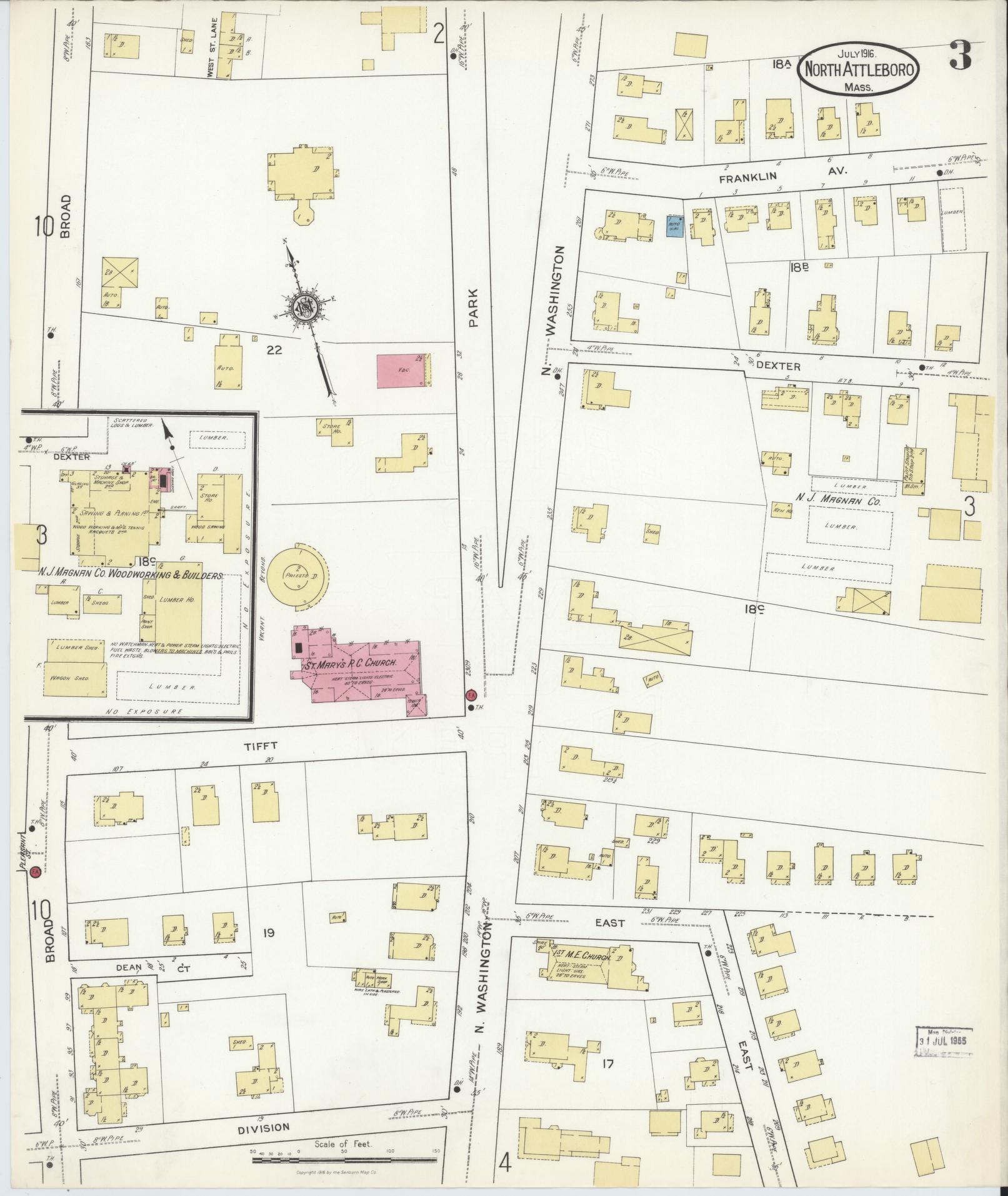 Sanborn Fire Insurance Map from North Attleborough, Bristol County, Massachusetts (1916), Sheet #0003 - Historic Sanborn Fire Insurance Map Print, vintage old map wall art, antique decor, genealogy gift, Massachusetts Massachusetts map