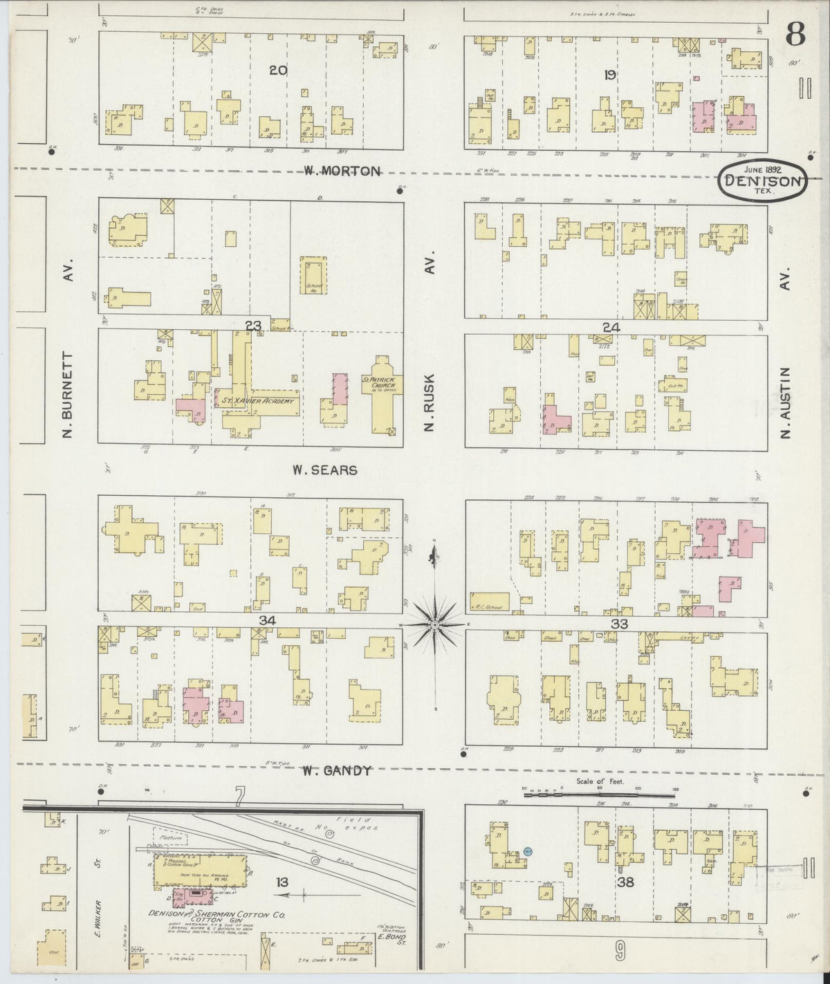 Sanborn Fire Insurance Map from Denison, Grayson County, Texas (1892), Sheet #0008 - Historic Sanborn Fire Insurance Map Print, vintage old map wall art, antique decor, genealogy gift, Texas Texas map