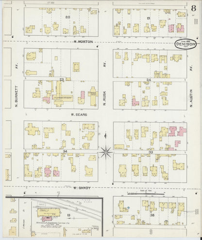 Sanborn Fire Insurance Map from Denison, Grayson County, Texas (1892), Sheet #0008 - Historic Sanborn Fire Insurance Map Print, vintage old map wall art, antique decor, genealogy gift, Texas Texas map