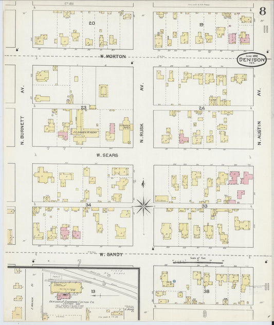Sanborn Fire Insurance Map from Denison, Grayson County, Texas (1892), Sheet #0008 - Historic Sanborn Fire Insurance Map Print, vintage old map wall art, antique decor, genealogy gift, Texas Texas map