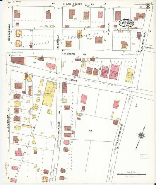 Sanborn Fire Insurance Map from Las Cruces, Dona Ana County, New Mexico (1921), Sheet #0008 - Historic Sanborn Fire Insurance Map Print, vintage old map wall art, antique decor, genealogy gift, New Mexico New Mexico map