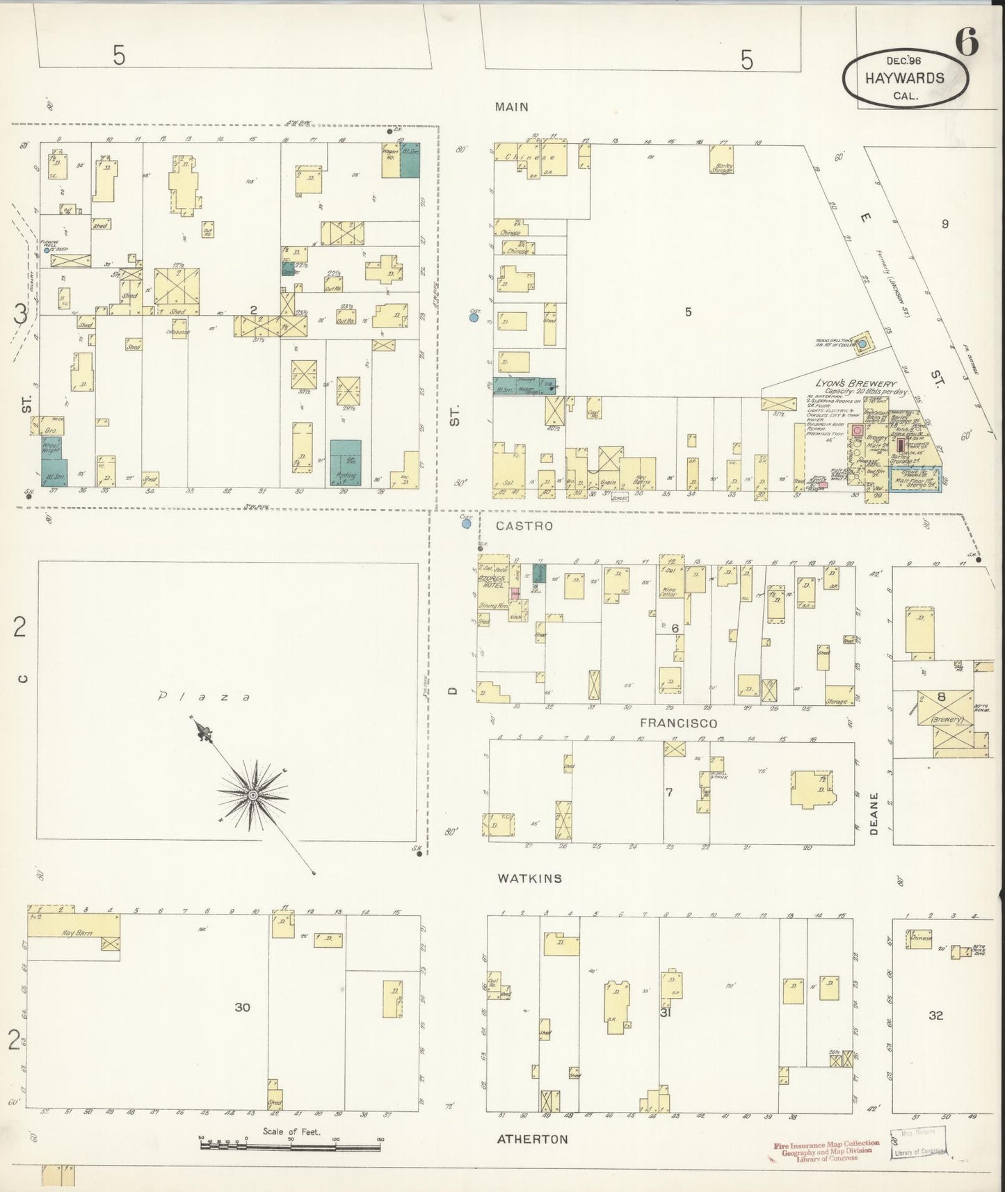 Sanborn Fire Insurance Map from Hayward, Alameda County, California (1896), Sheet #0006 - Complete Map Set gallery image, historic Sanborn map, vintage wall art, California California