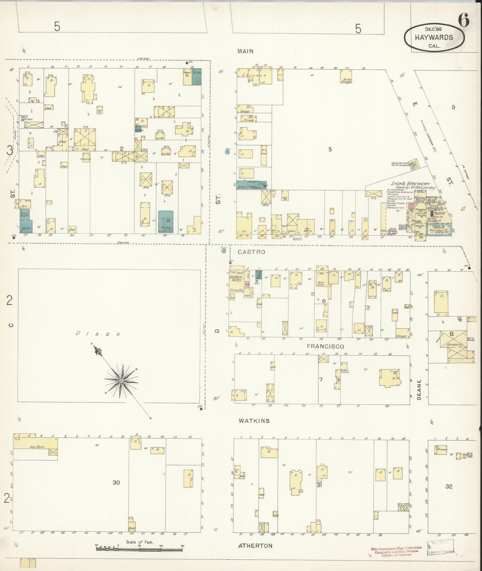 Sanborn Fire Insurance Map from Hayward, Alameda County, California (1896), Sheet #0006 - Complete Map Set gallery image, historic Sanborn map, vintage wall art, California California