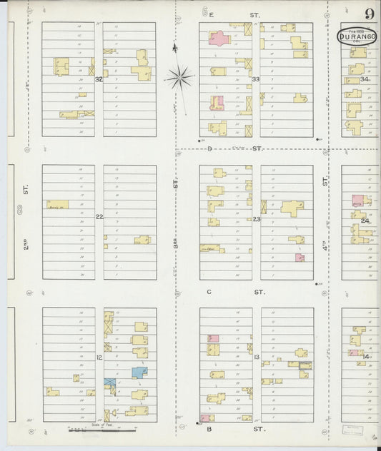 Sanborn Fire Insurance Map from Durango, La Plata County, Colorado (1893), Sheet #0009 - Historic Sanborn Fire Insurance Map Print, vintage old map wall art, antique decor, genealogy gift, Colorado Colorado map