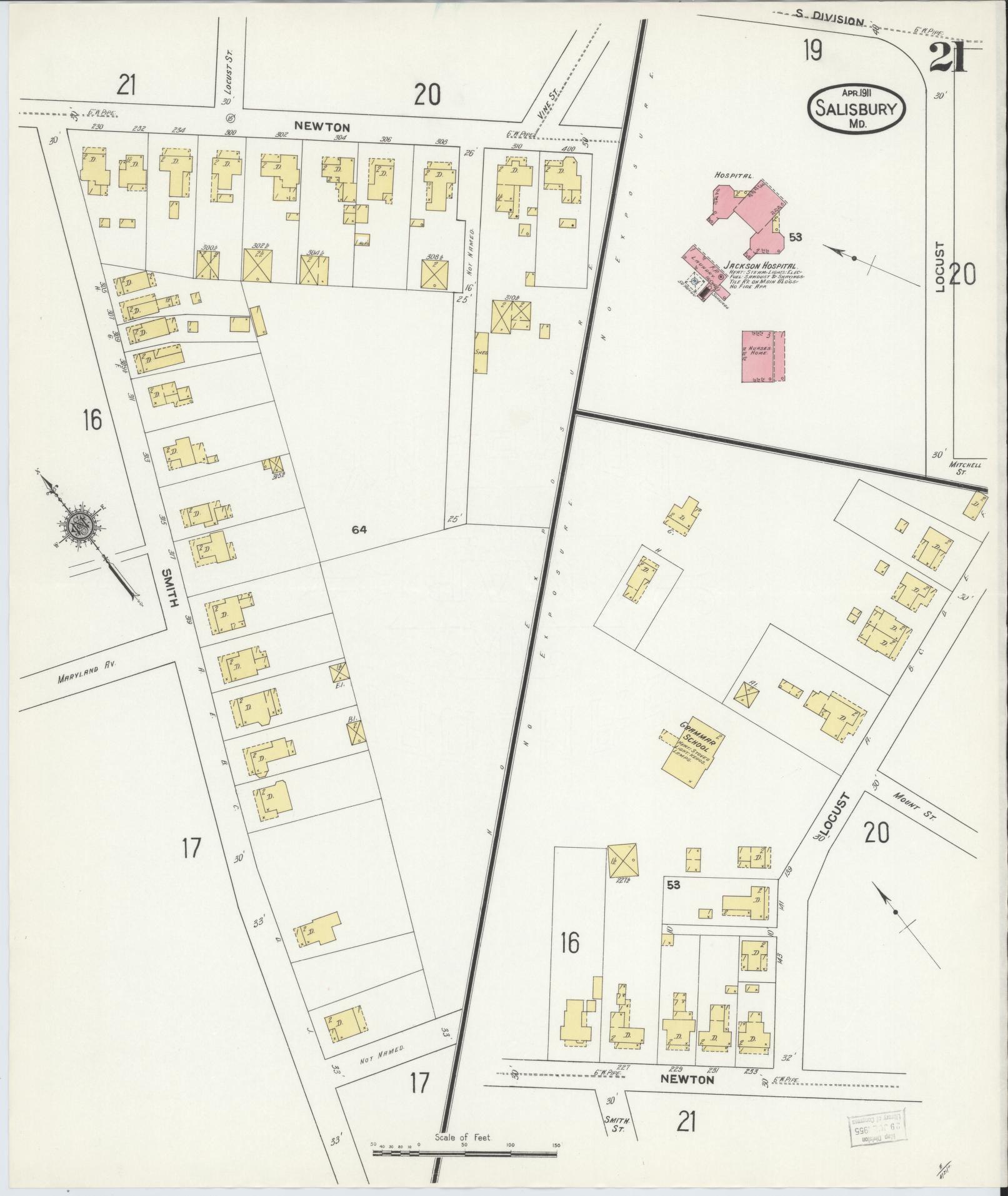 Sanborn Fire Insurance Map from Salisbury, Wicomico County, Maryland (1911), Sheet #0021 - Historic Sanborn Fire Insurance Map Print, vintage old map wall art