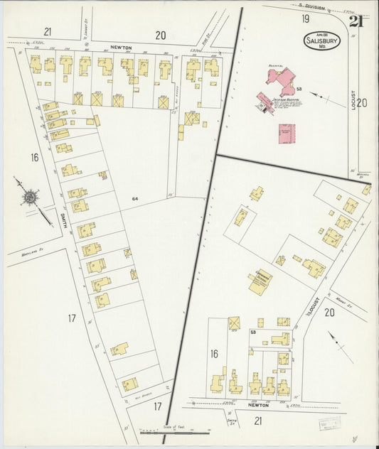 Sanborn Fire Insurance Map from Salisbury, Wicomico County, Maryland (1911), Sheet #0021 - Historic Sanborn Fire Insurance Map Print, vintage old map wall art