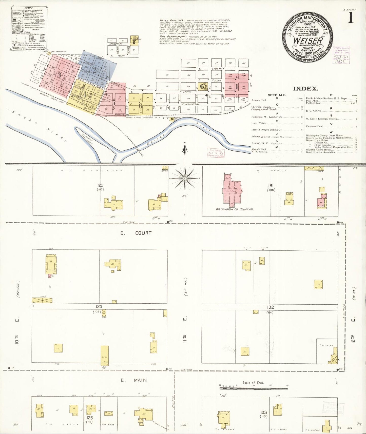 Sanborn Fire Insurance Map from Weiser, Washington County, Idaho (1908), Sheet #0001 - Historic Sanborn Fire Insurance Map Print, vintage old map wall art, antique decor, genealogy gift, Idaho Idaho map
