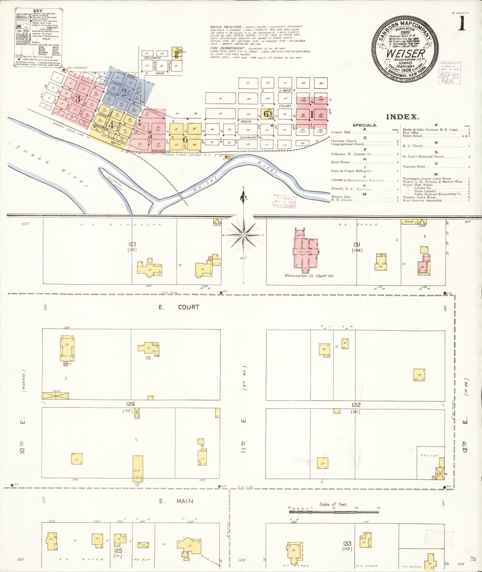 Sanborn Fire Insurance Map from Weiser, Washington County, Idaho (1908), Sheet #0001 - Historic Sanborn Fire Insurance Map Print, vintage old map wall art, antique decor, genealogy gift, Idaho Idaho map