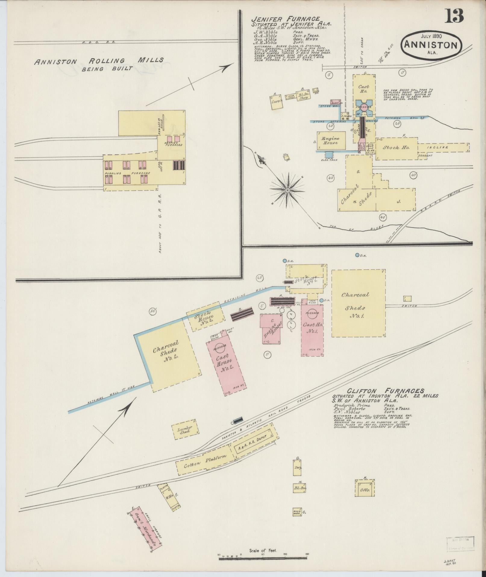 Sanborn Fire Insurance Map from Anniston, Calhoun County, Alabama (1890), Sheet #0013 - Historic Sanborn Fire Insurance Map Print, vintage old map wall art, antique decor, genealogy gift, Alabama Alabama map