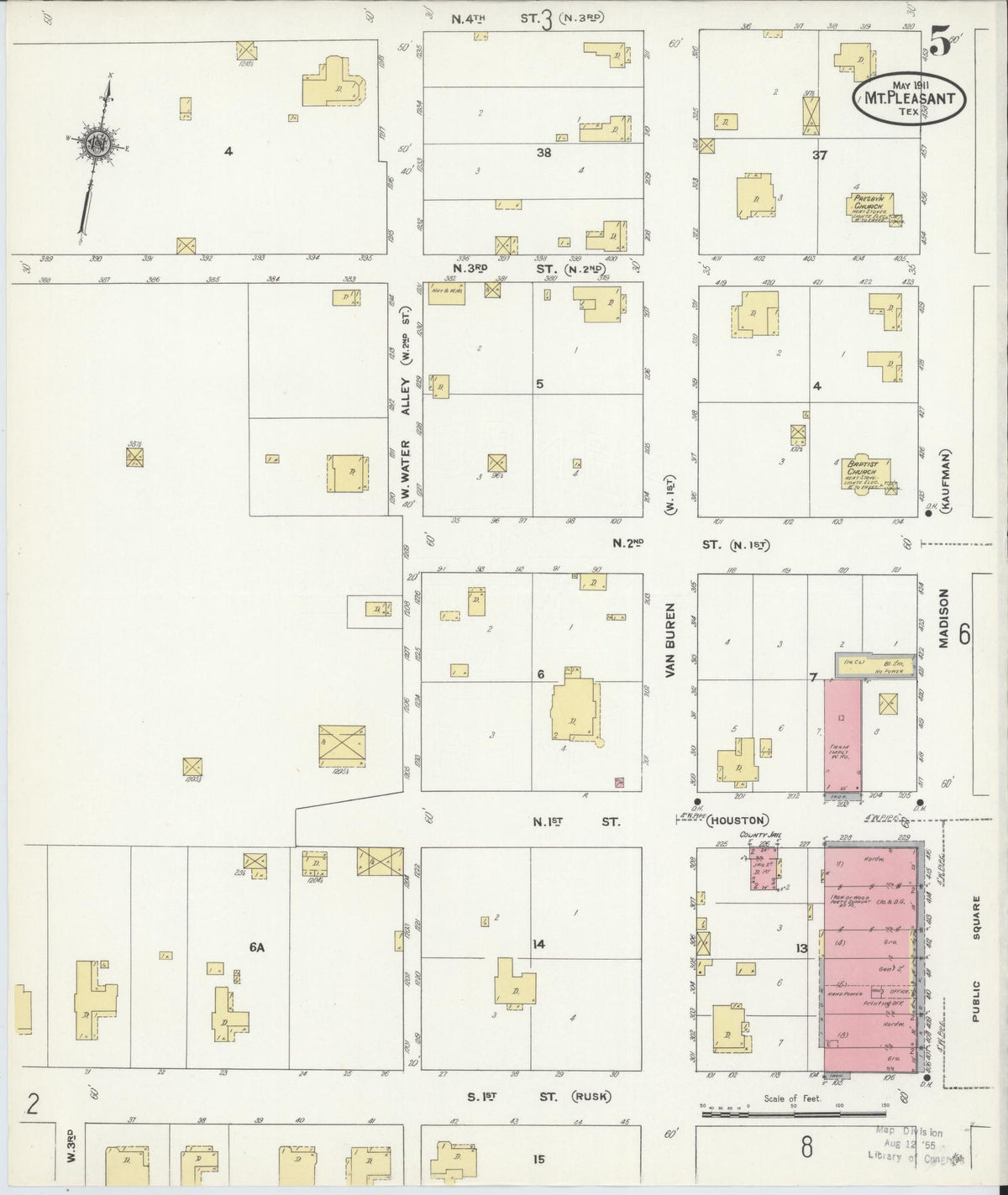 Sanborn Fire Insurance Map from Mount Pleasant, Titus County, Texas (1911), Sheet #0005 - Complete Map Set gallery image, historic Sanborn map, vintage wall art, Texas Texas