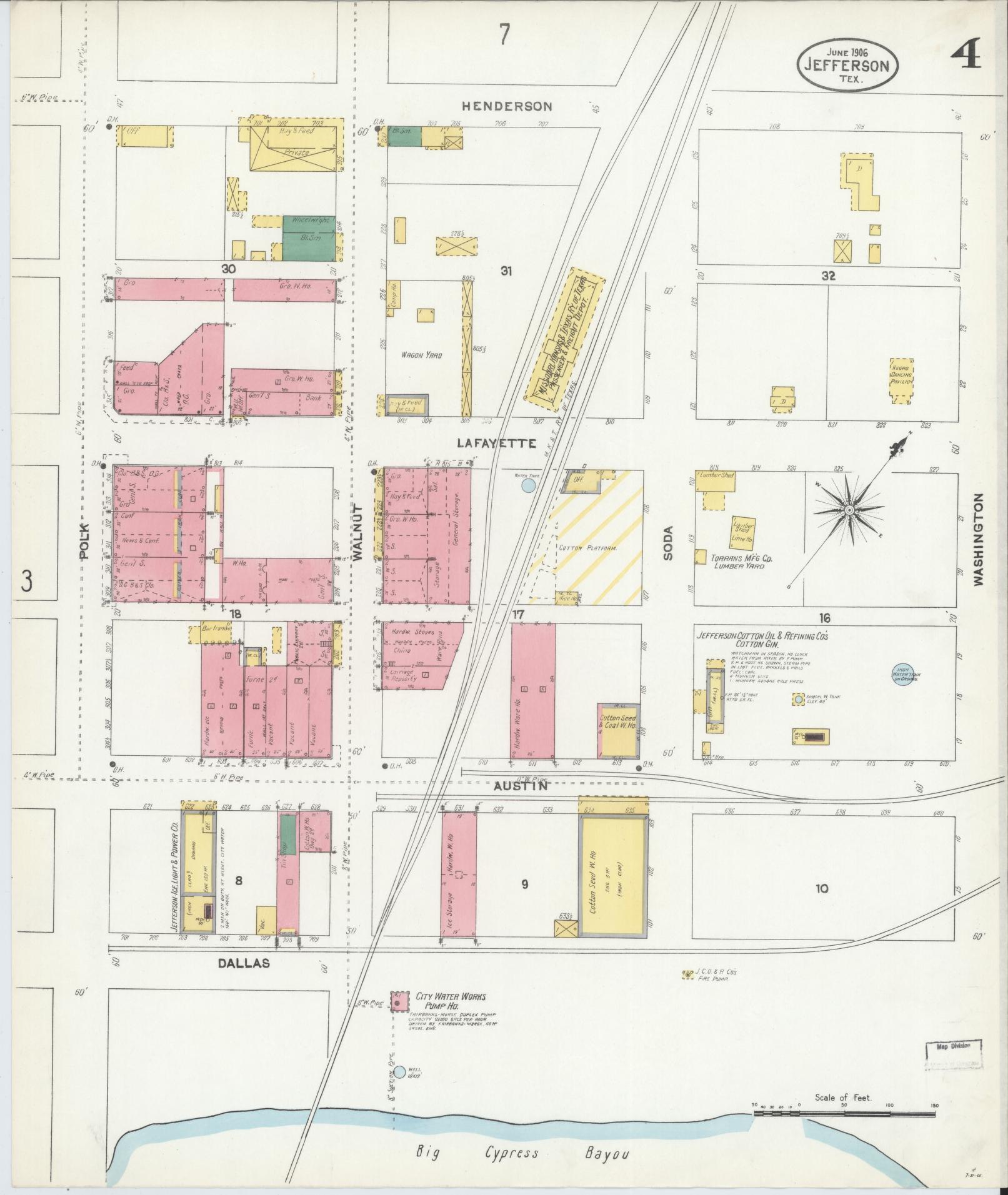 Sanborn Fire Insurance Map from Jefferson, Marion County, Texas (1906), Sheet #0004 - Historic Sanborn Fire Insurance Map Print, vintage old map wall art, antique decor, genealogy gift, Texas Texas map