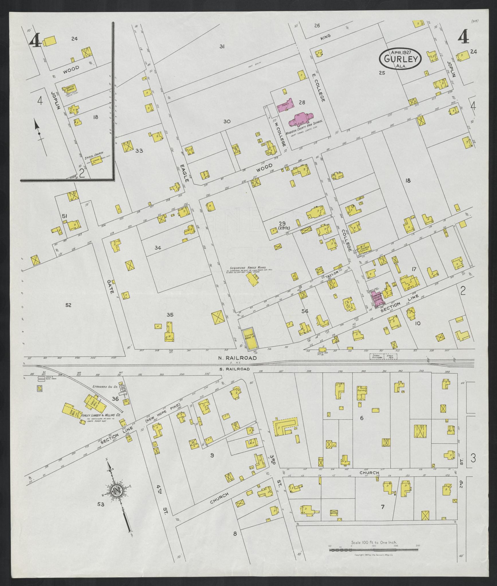 Sanborn Fire Insurance Map from Gurley, Madison County, Alabama (1927), Sheet #0004 - Historic Sanborn Fire Insurance Map Print, vintage old map wall art, antique decor, genealogy gift, Alabama Alabama map