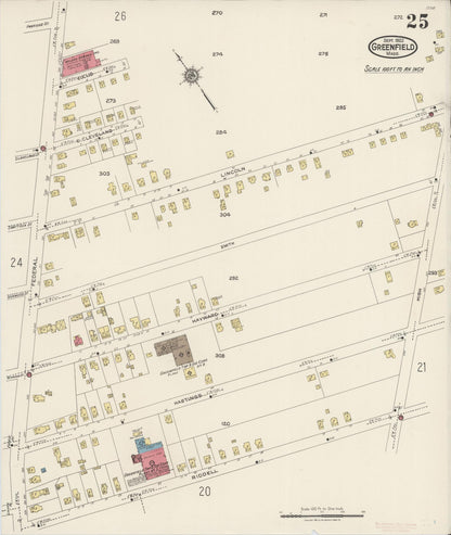 Sanborn Fire Insurance Map from Greenfield, Franklin County, Massachusetts (1922), Sheet #0025 - Historic Sanborn Fire Insurance Map Print, vintage old map wall art, antique decor, genealogy gift, Massachusetts Massachusetts map
