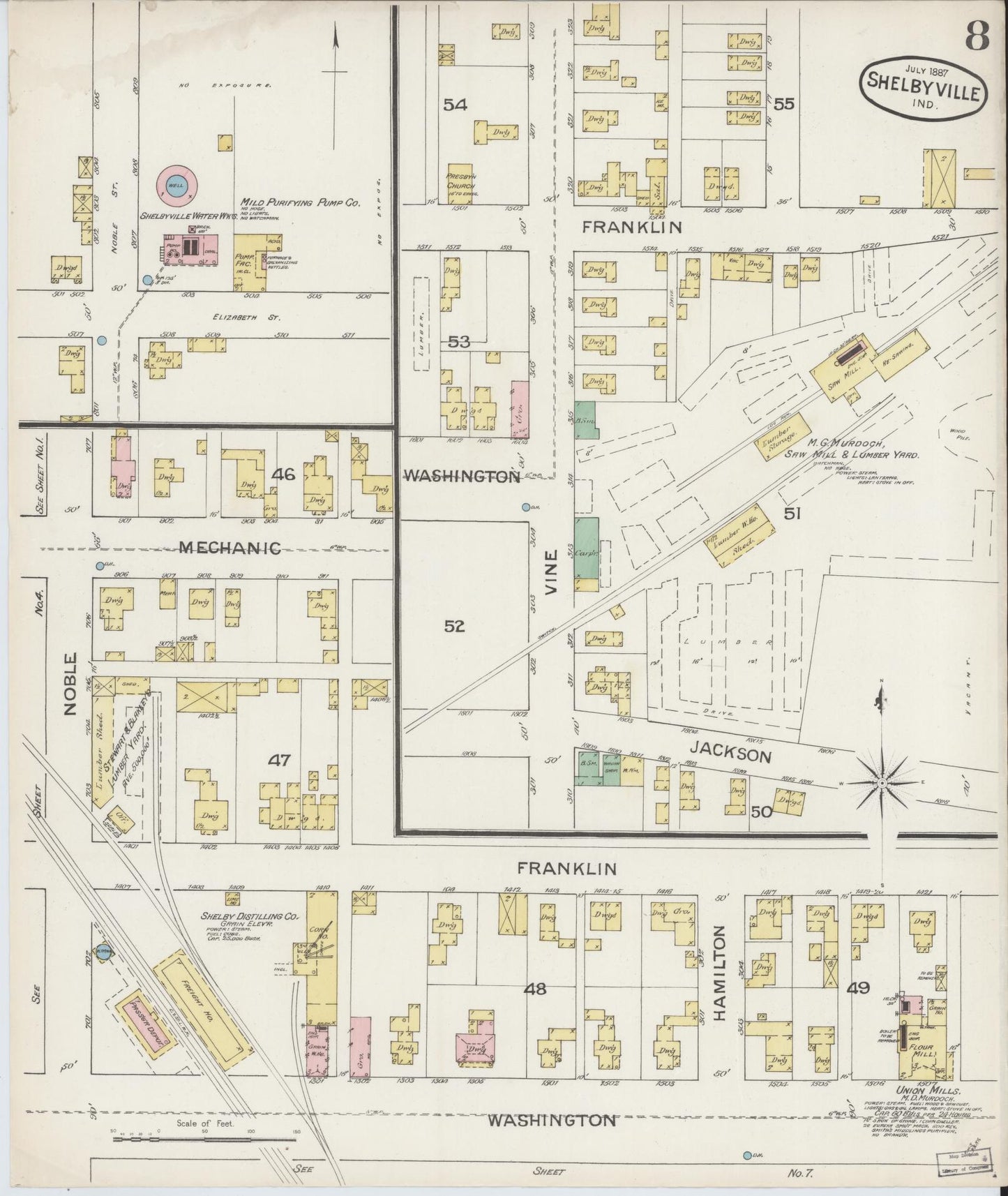 Sanborn Fire Insurance Map from Shelbyville, Shelby County, Indiana (1887), Sheet #0008 - Complete Map Set gallery image, historic Sanborn map, vintage wall art, Indiana Indiana