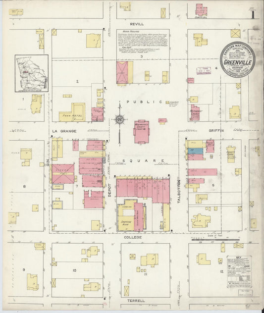 Sanborn Fire Insurance Map from Greenville, Meriweather County, Georgia (1913), Sheet #0001 - Complete Map Set gallery image, historic Sanborn map, vintage wall art, Georgia Georgia