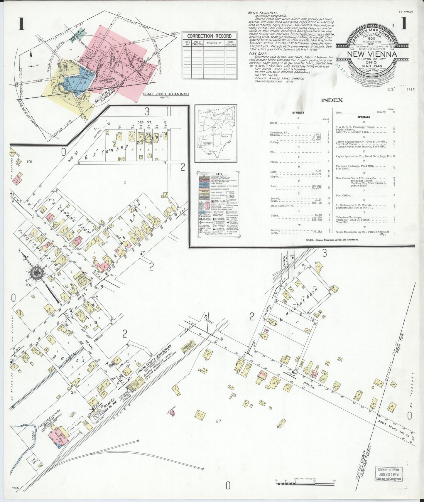 Sanborn Fire Insurance Map from New Vienna, Clinton County, Ohio (1948), Sheet #0001 - Complete Map Set gallery image, historic Sanborn map, vintage wall art, Ohio Ohio