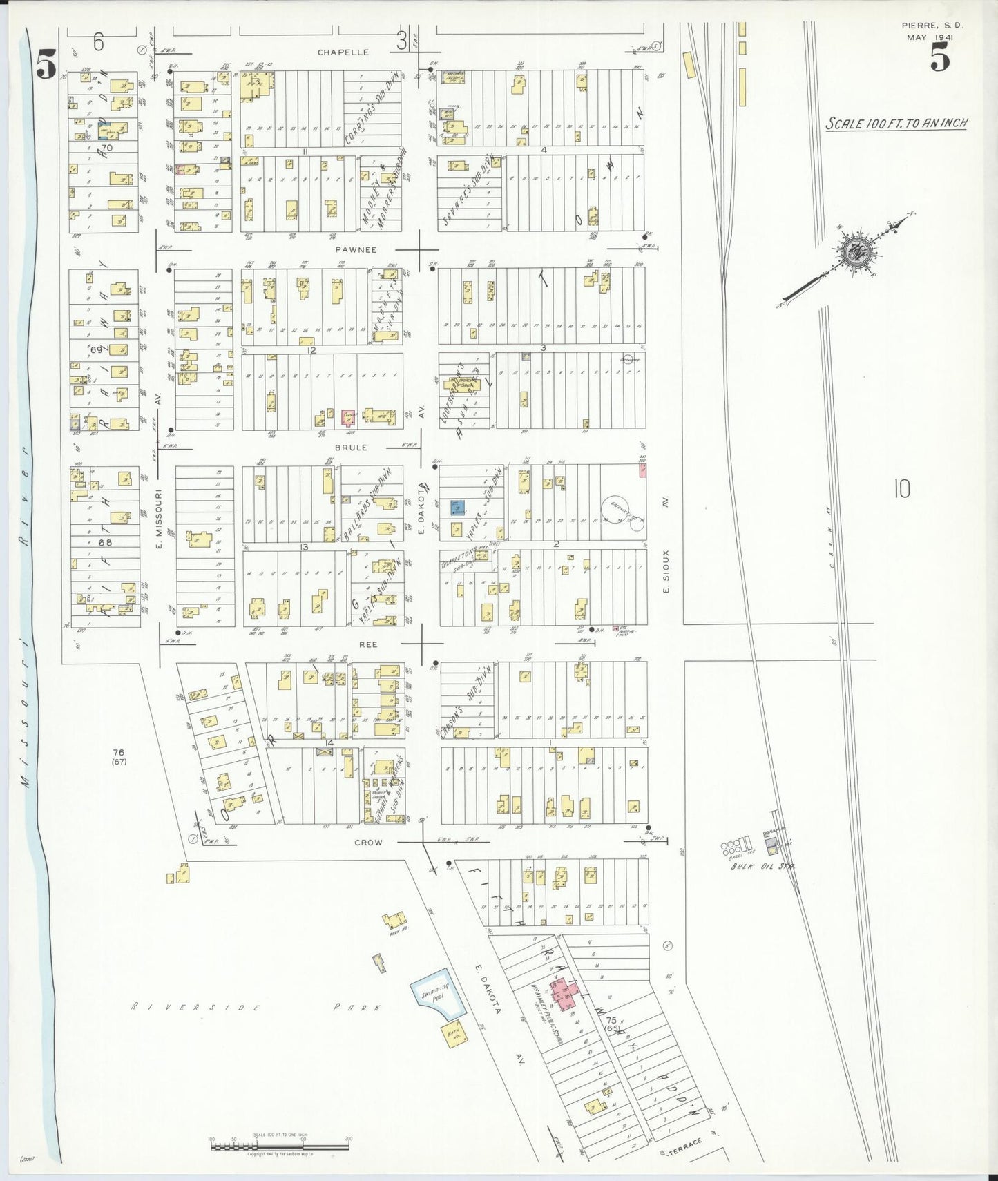 Sanborn Fire Insurance Map from Pierre, Hughes County, South Dakota (1941), Sheet #0005 - Historic Sanborn Fire Insurance Map Print, vintage old map wall art, antique decor, genealogy gift, South Dakota South Dakota map