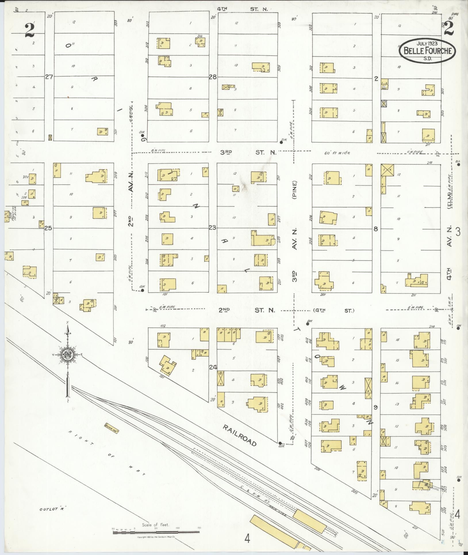 Sanborn Fire Insurance Map from Belle Fourche, Butte County, South Dakota (1923), Sheet #0002 - Historic Sanborn Fire Insurance Map Print, vintage old map wall art, antique decor, genealogy gift, South Dakota South Dakota map