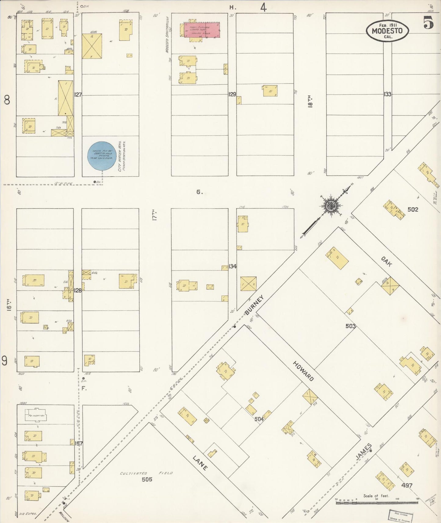 Sanborn Fire Insurance Map from Modesto, Stanislaus County, California (1911), Sheet #0005 - Historic Sanborn Fire Insurance Map Print, vintage old map wall art, antique decor, genealogy gift, California California map