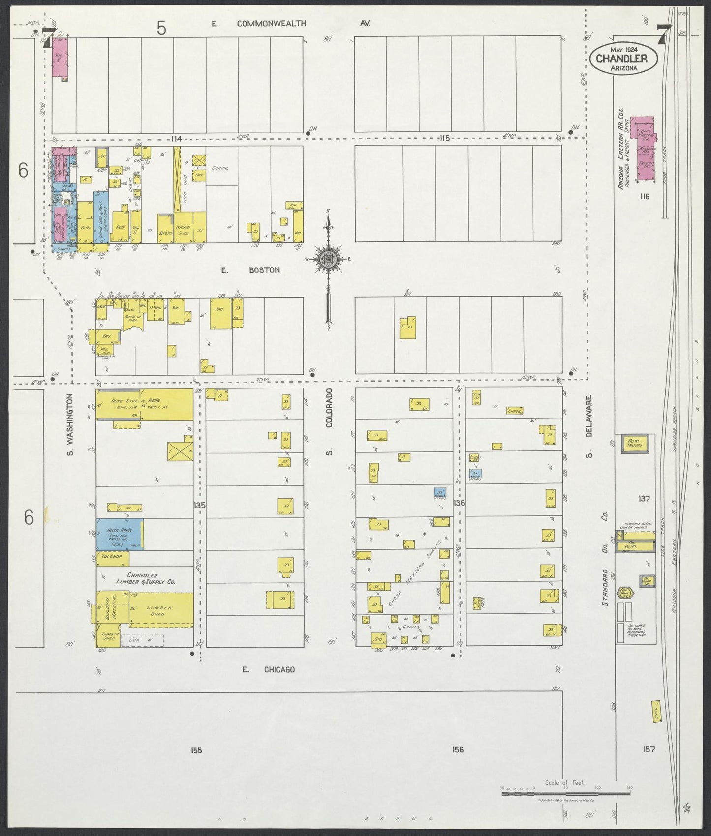 Sanborn Fire Insurance Map from Chandler, Maricopa County, Arizona (1924), Sheet #0007 - Complete Map Set gallery image, historic Sanborn map, vintage wall art, Arizona Arizona